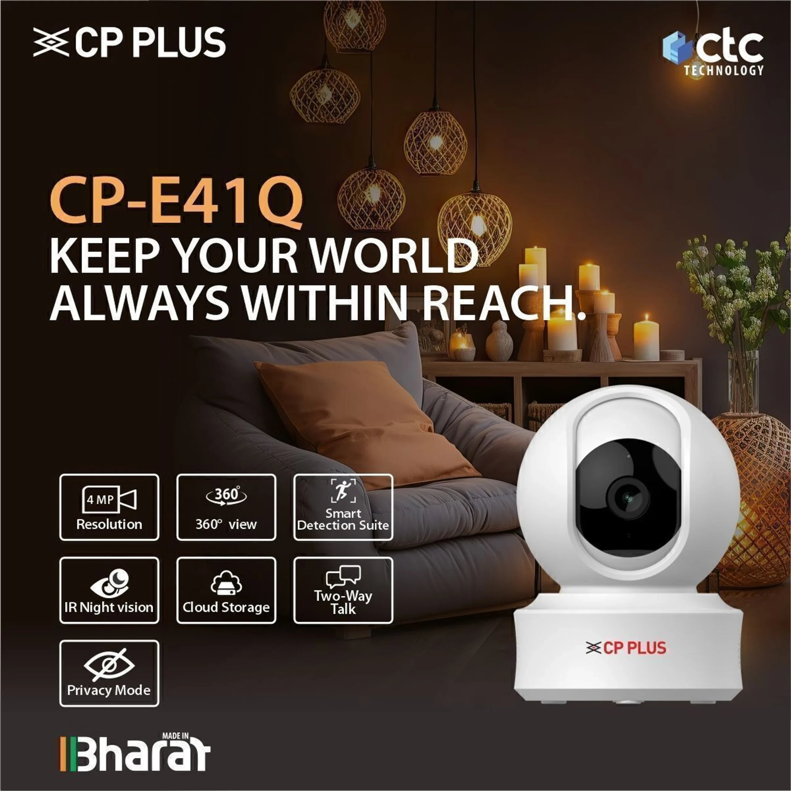 CP PLUS CP-E41Q 4MP Wi-Fi PT Camera with Night Vision & Motion Alerts Security Camera (256 GB, 1 Channel) - Image 2