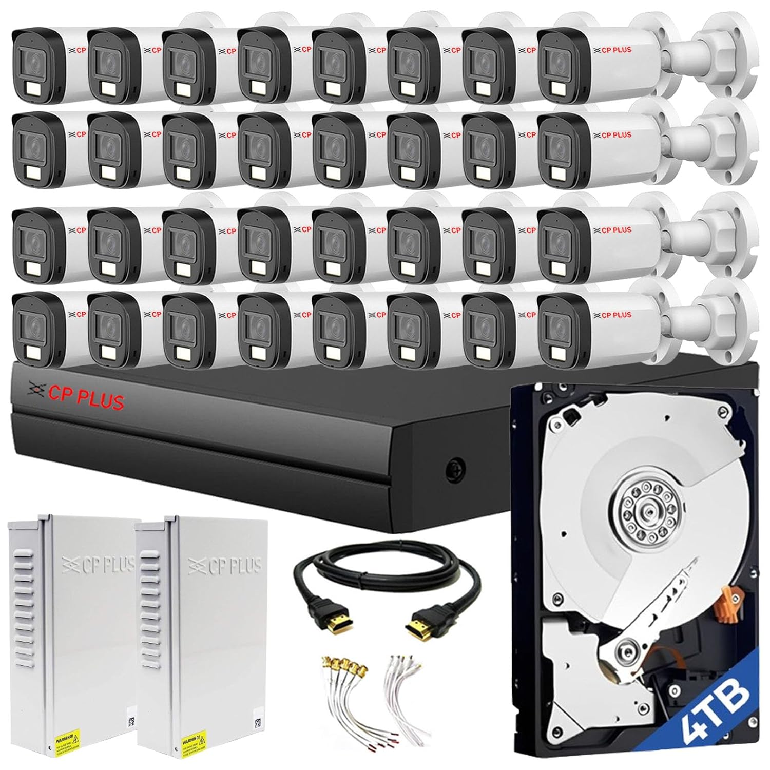 CP PLUS 32 channel DVR with 2 MP 32x OUTDOOR Built-in Audio Mic, Dual Light Color Night Vision wired CCTV Cameras, Motion Detection, 2x 16 Ch SMPS, 2TB HDD, Required BNC/DC, |without CCTV Cable|-White