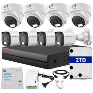 CP PLUS 8 channel DVR with 2MP 4x OUTDOOR & 4x INDOOR, Built-in Audio Mic, Dual Light Color Night Vision wired CCTV Cameras, Motion Detection, 8 Channel SMPS, 70 Meters Cable, 2TB HDD, Required BNC/DC