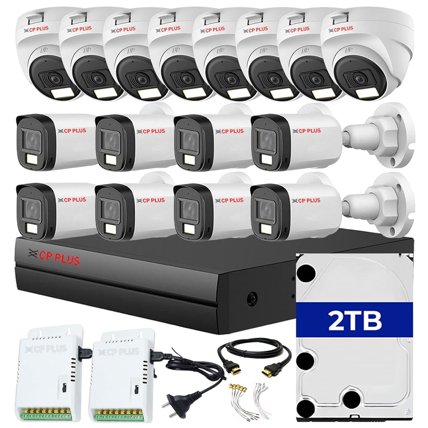 CP PLUS 16 Channel DVR with 2MP 8X Outdoor & 8X Indoor, Built-in Audio Mic, Dual Light Color Night Vision Wired CCTV Cameras, Motion Detection, 2X 8 Ch SMPS, 2TB HDD, Without Cable, Required BNC/DC